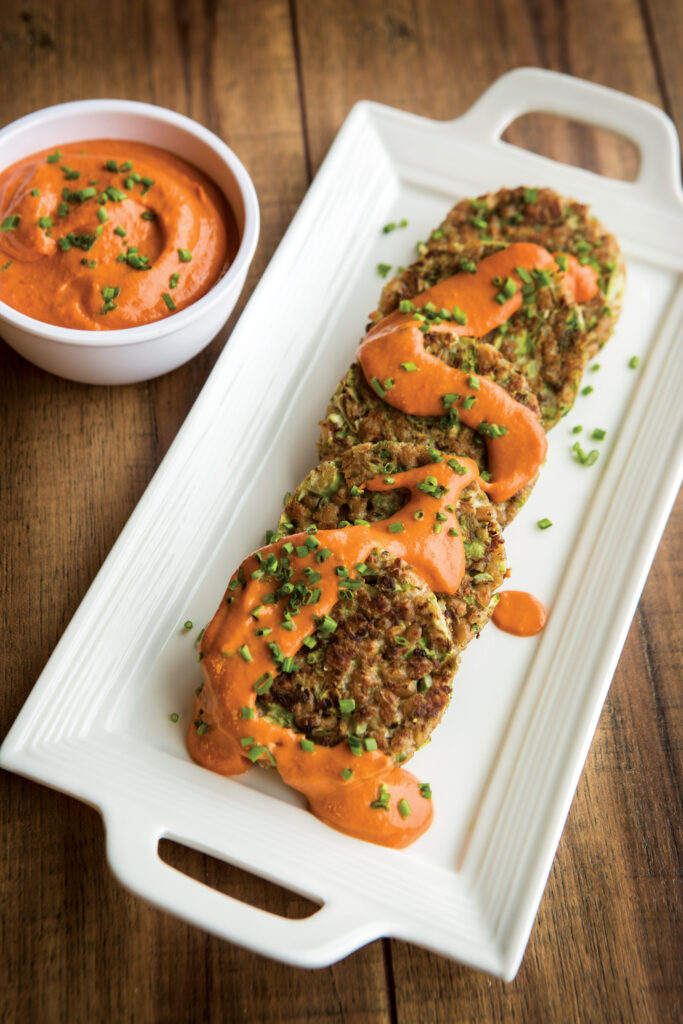 Farro Asparagus Patties with Red Pepper Sauce