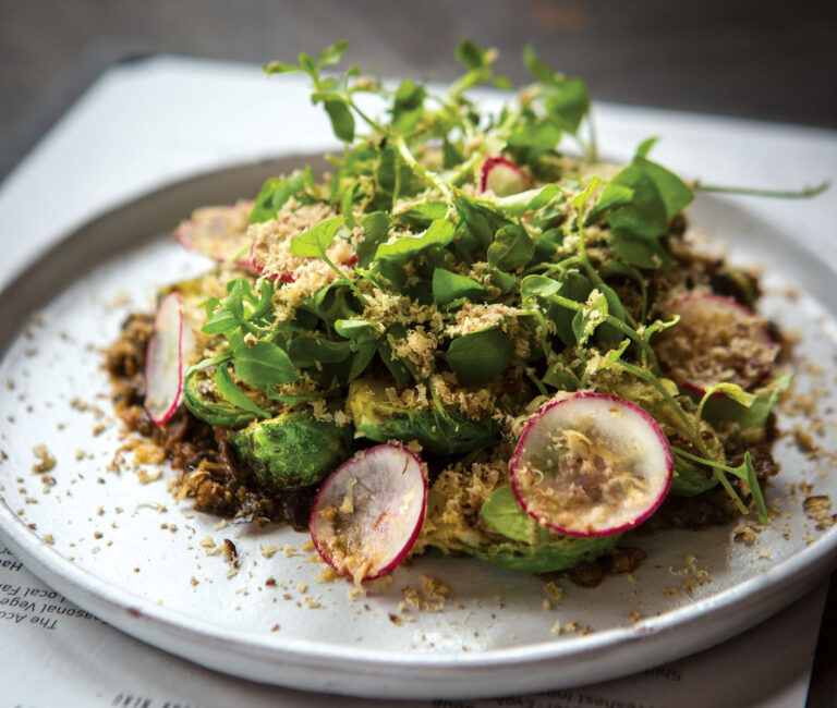 Roasted Brussels Sprouts with Shiitake Mushroom XO Sauce and Shaved Chestnut