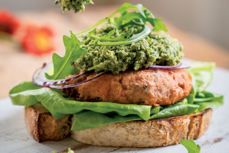 Salmon Burgers with Broccoli Pesto