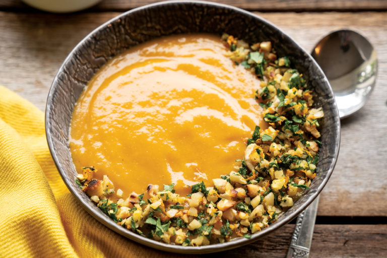 Roasted Yellow Pepper Bisque with Cashew Gremolata