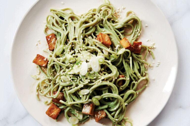 Matcha Soba with Spicy Tofu Nuggets