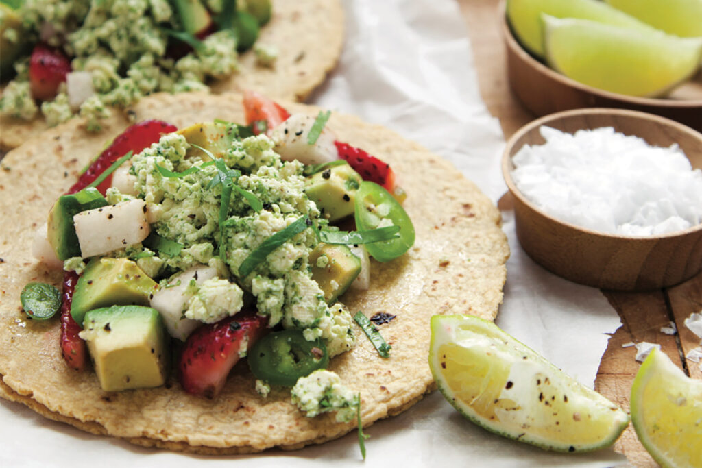 Raw Tostadas with Spicy Strawberry Avocado Salad and Cilantro Relish