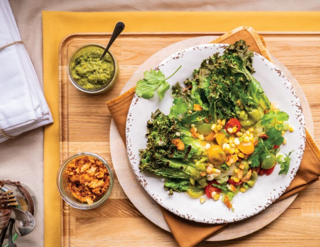 Grilled Gem Salad and Smoked Coconut Chips