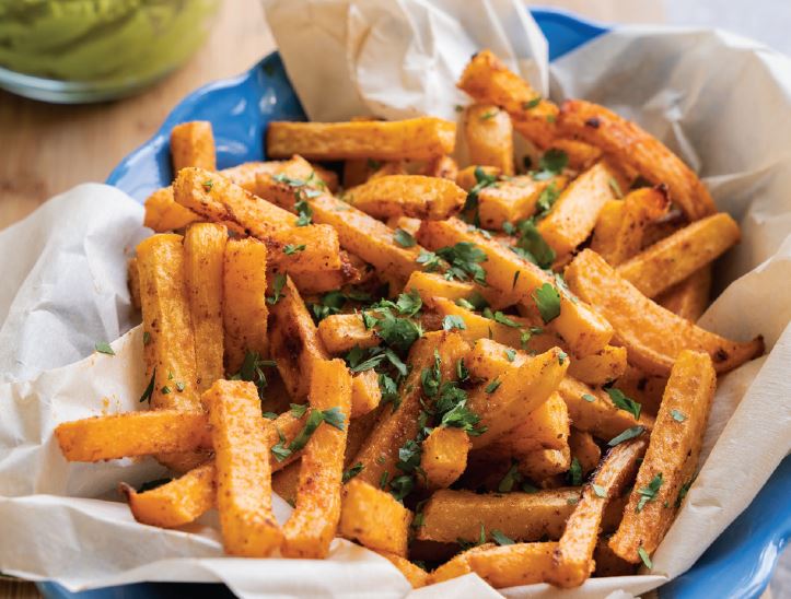 Rutabaga Fries with Greens and Pea Pesto