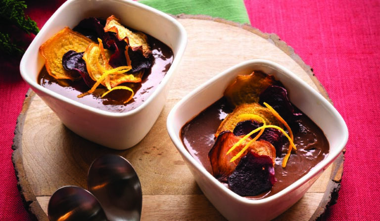 Mini Oat Milk Chocolate Mousse with Sweet Beetroot Chips
