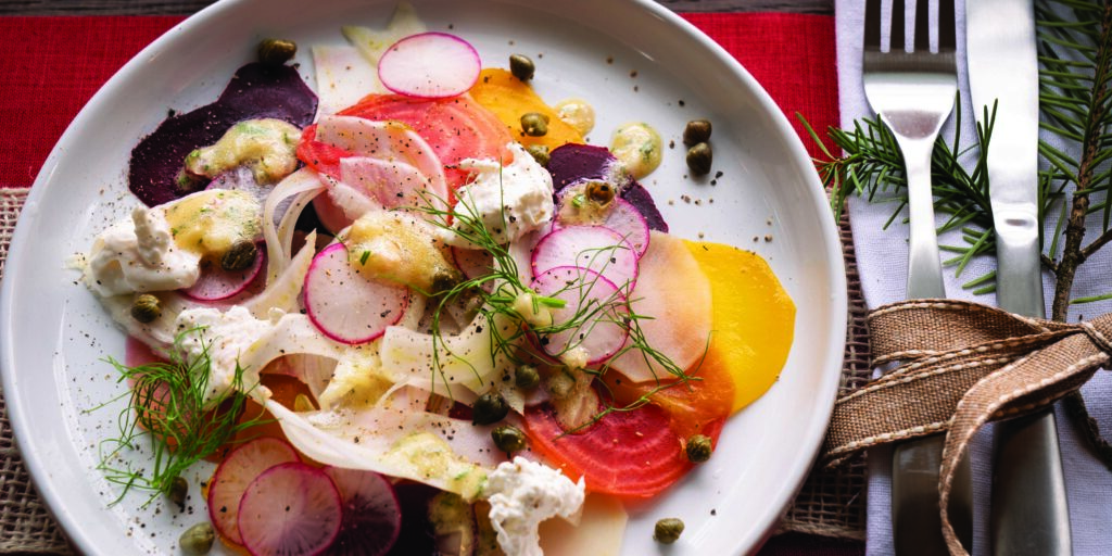 Root Veggie Carpaccio with Burrata Cheese and Capers