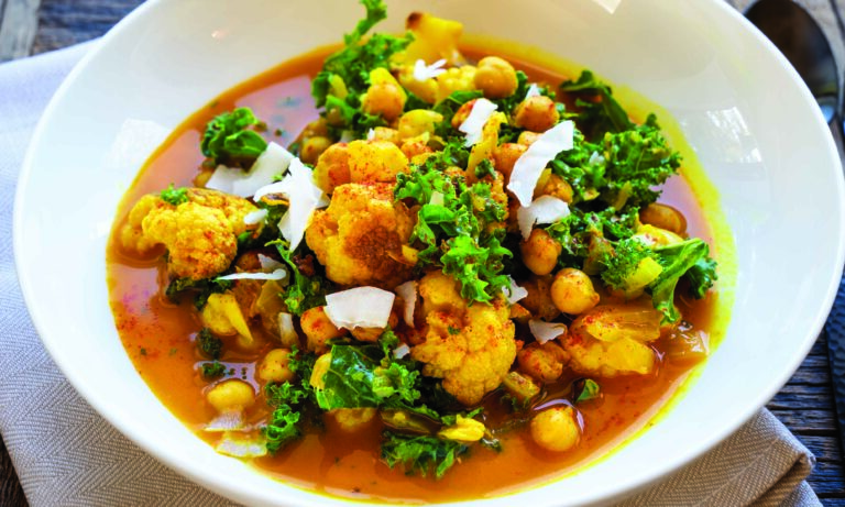 Spicy Chickpea, Chard, and Roasted Cauliflower Soup