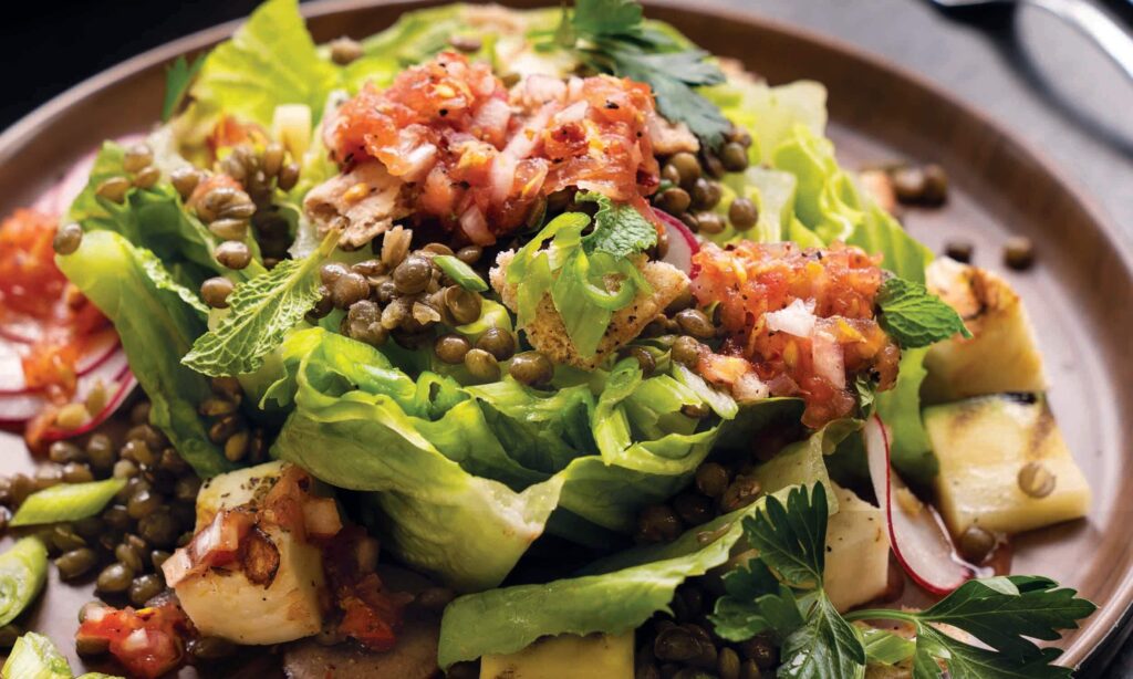 Halloumi Lentil Fattoush Salad with Tomato Vinaigrette