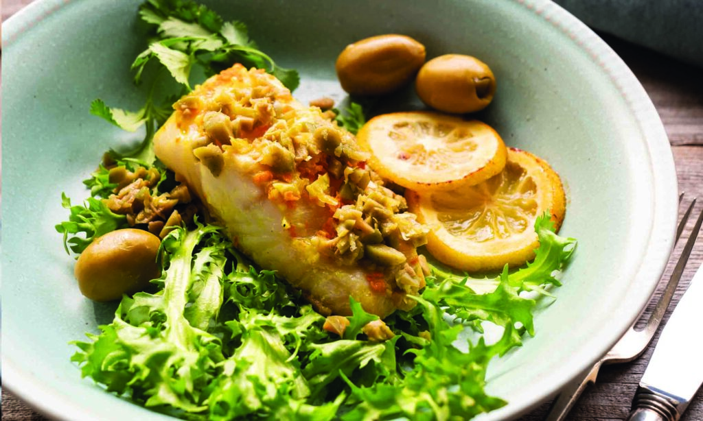 Grilled Halibut with Turmeric, Garlic, and Olives