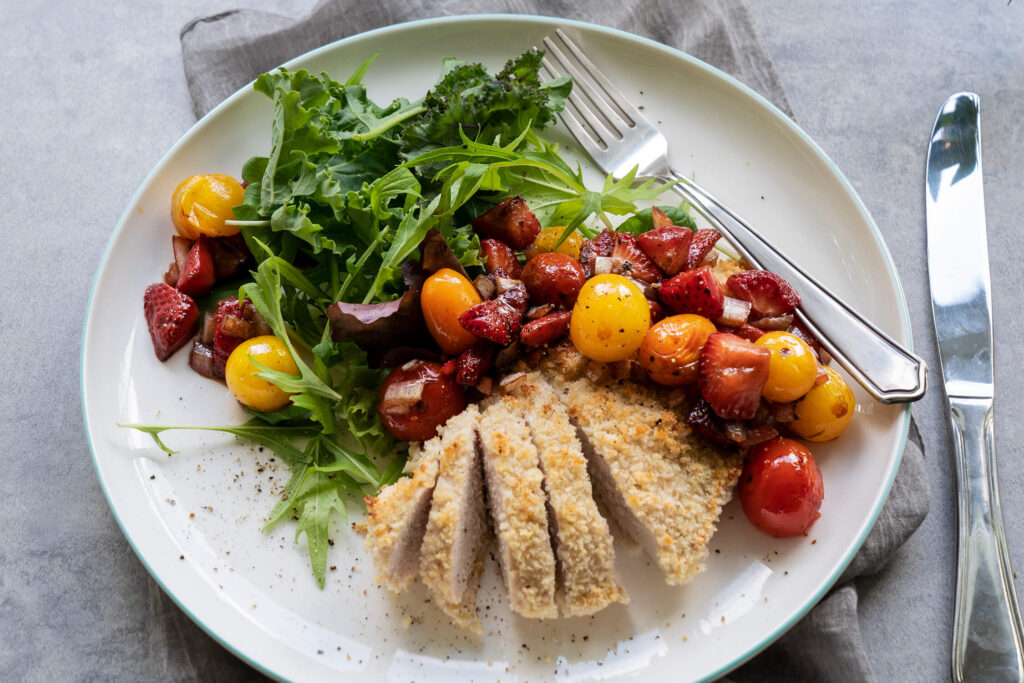 Roasted Berry Salsa Tumbled over Crusted Chicken Breasts