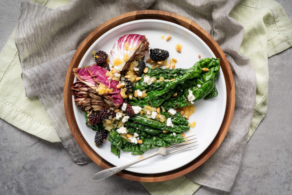Grilled Greens with Warm Blackberries in White Balsamic Dressing