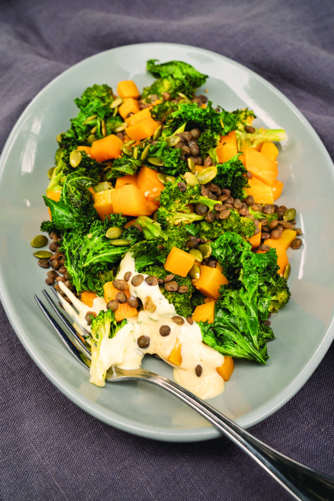Colourful Roasted Veggies and Lentils with Crisped Kale and Creamy Vegan Mayo