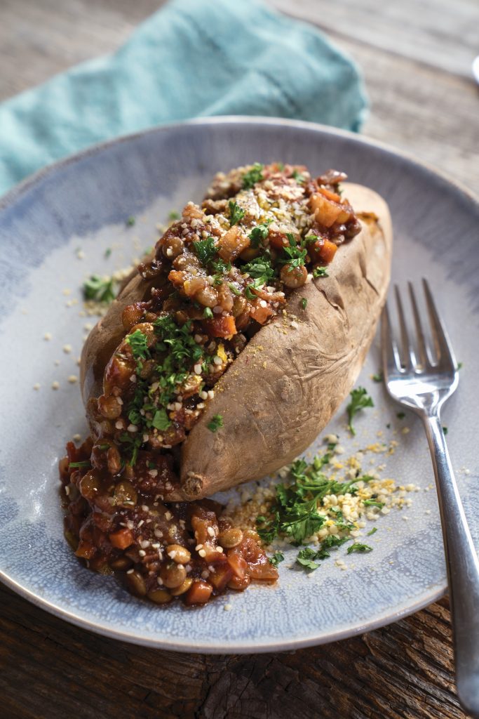 Lentil Bolognese Stuffed Potato with Hemp Parm