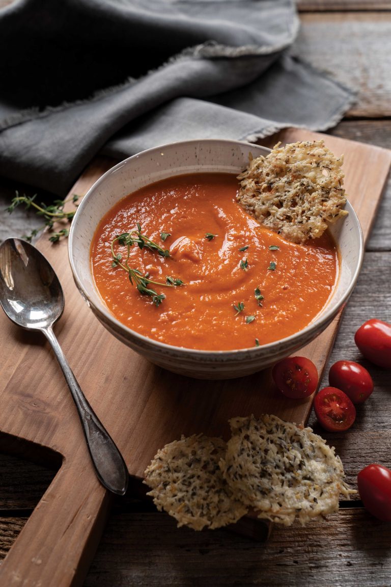 Roasted Tomato Soup with Parmesan Crisps