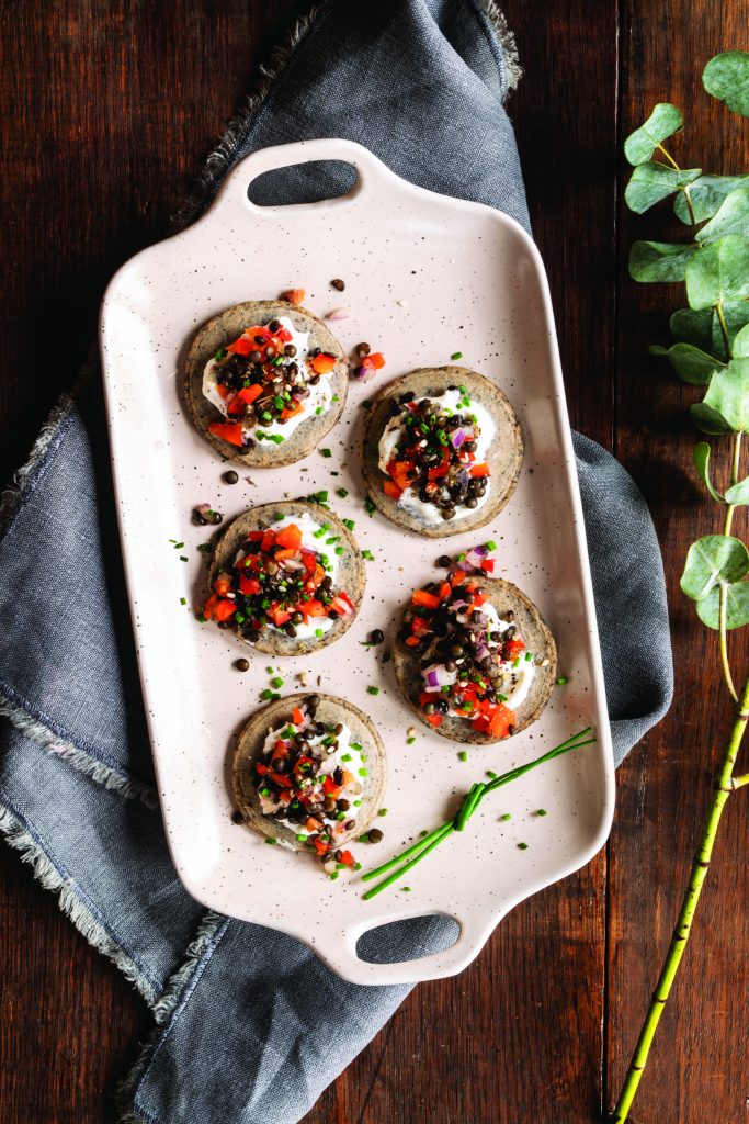 Beluga Lentil Caviar on Buckwheat Blinis