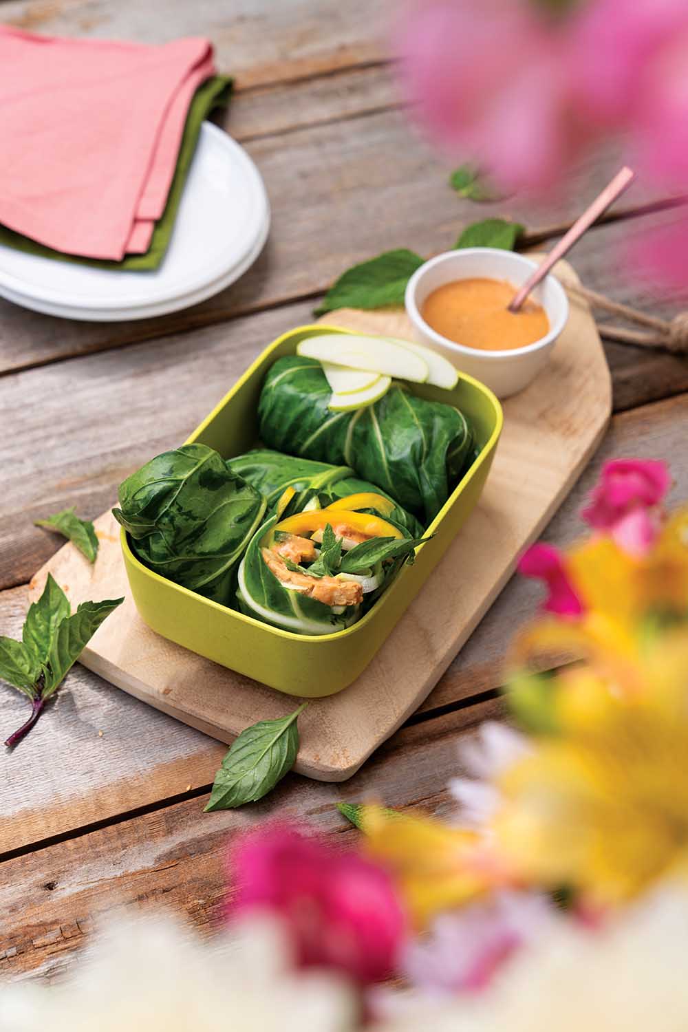 Lettuce or Collard Wraps with Thai Basil, Tempeh, and Peanut Sauce