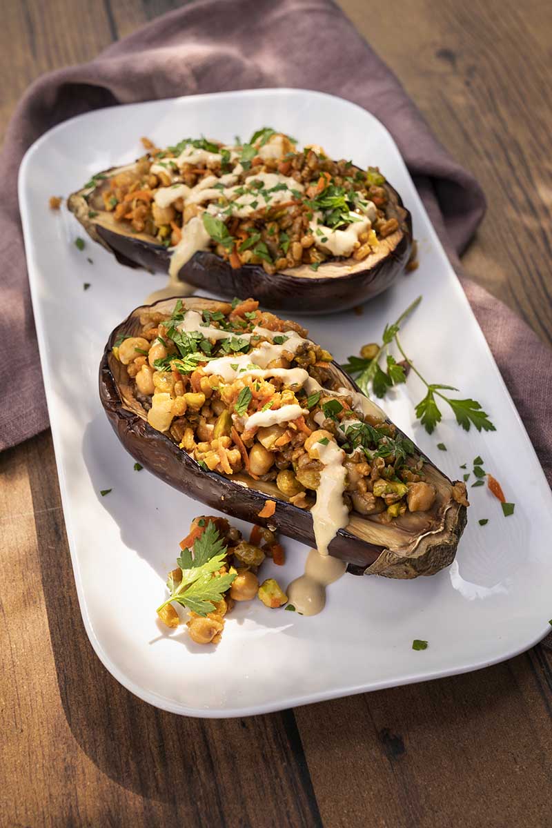 Freekeh Medley Stuffed Eggplant