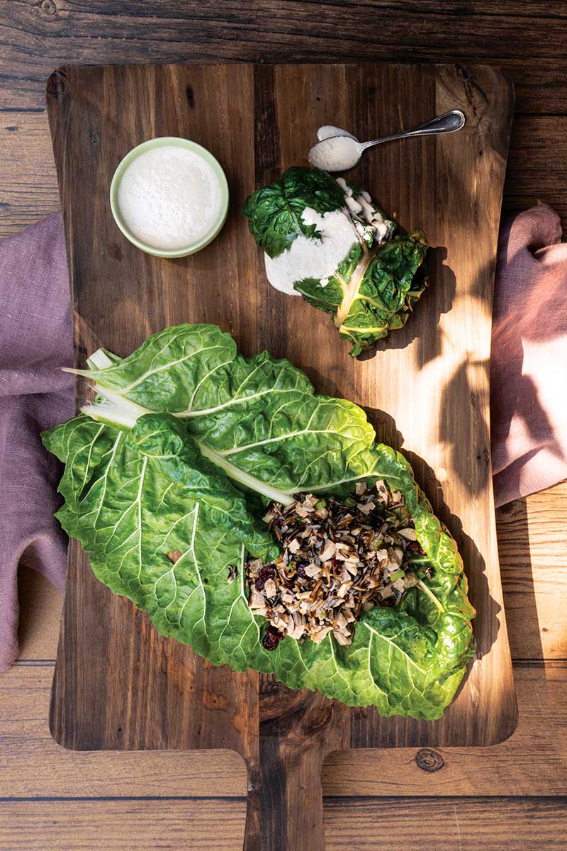 Sausage-Rice Stuffed Chard with Walnut Sauce