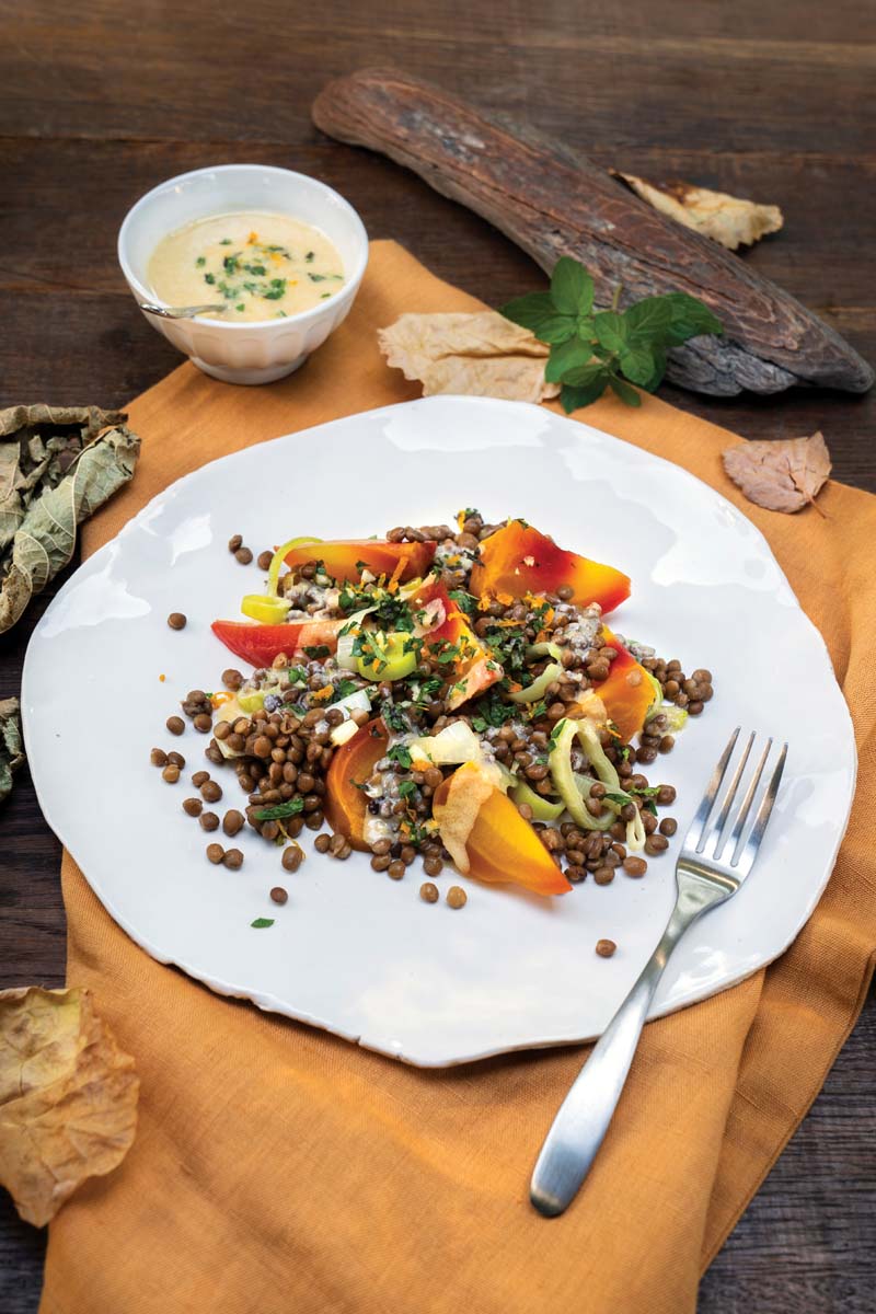 Roasted Roots and Lentils with Tahini Dressing and Zesty Herbs