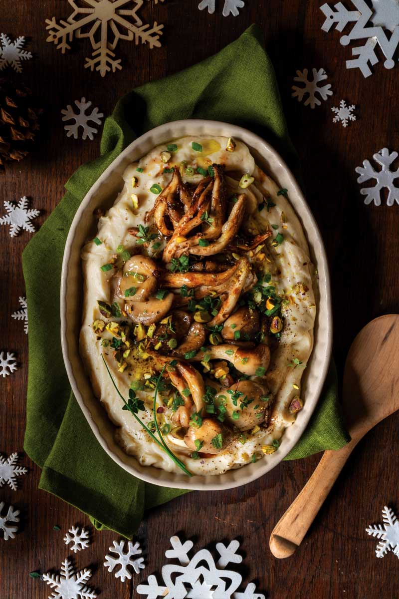 Balsamic-Glazed Oyster Mushrooms with Garlic and Thyme on Caramelized Parsnip Purée with Toasted Pistachios