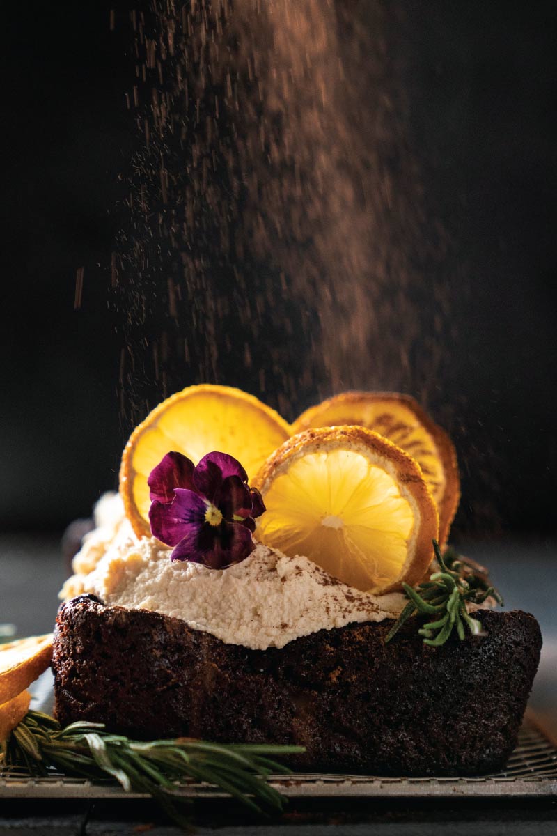 Chocolate Rosemary Cake with Lemony Frosting