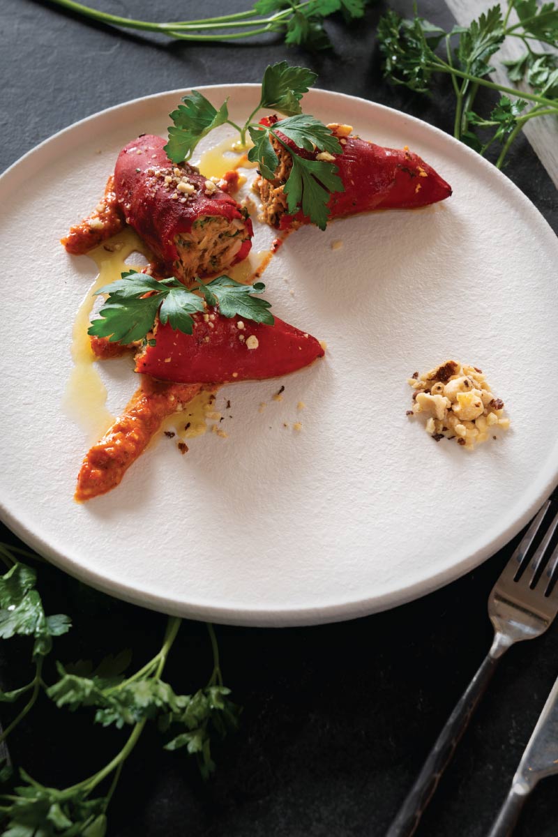 Tuna-Stuffed Piquillo Peppers with Romesco-Style Sauce