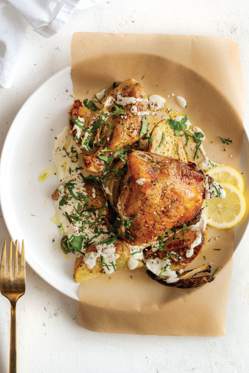 Sheet Pan Chicken with Potatoes, Olives, and Lemony Mustard Yogurt