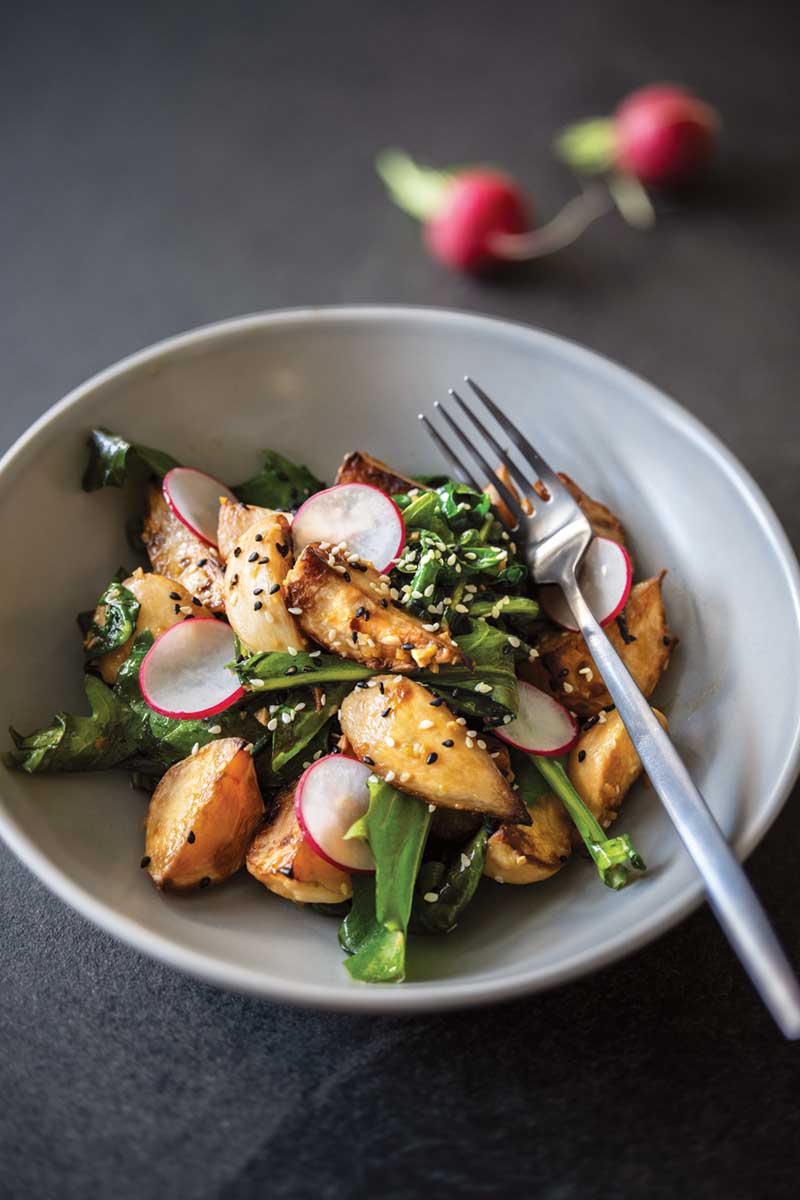 Warm Turnip Salad with Miso, Ginger, and Garlic Dressing