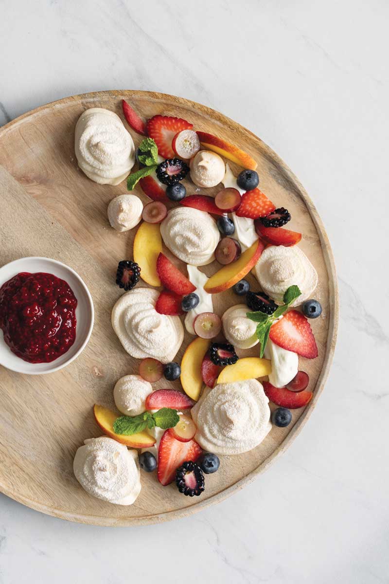 Mini Pavlovas with Raspberry Dipping Sauce and Fresh Fruits