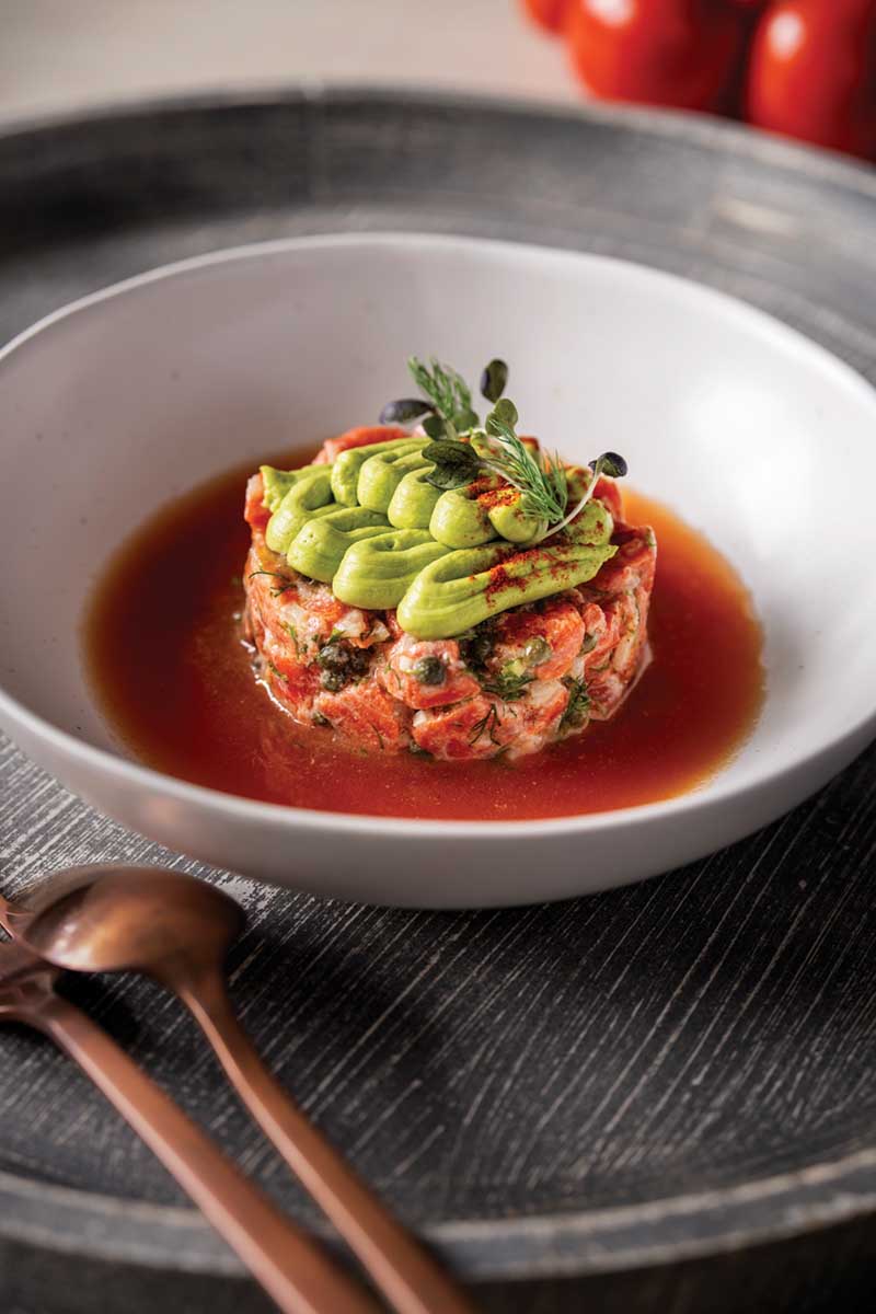 Salmon Tartare with Tomato Broth and Avocado Mousse