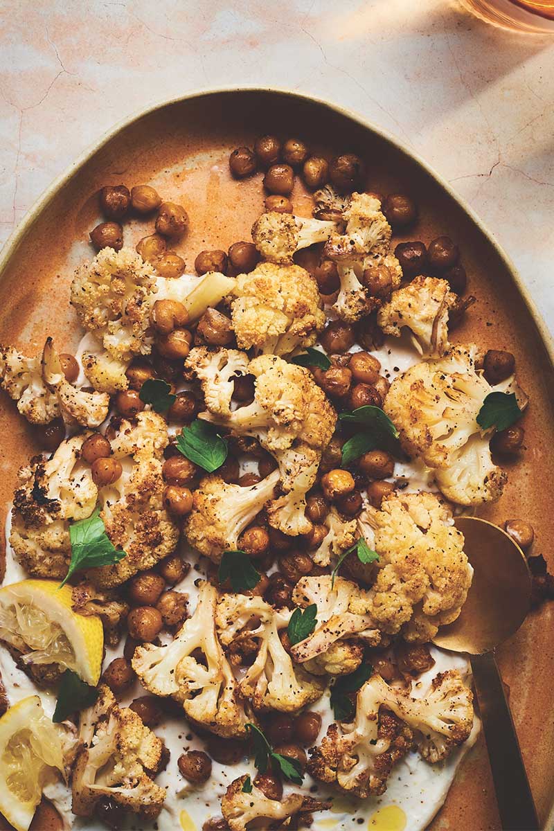Crispy Chickpeas and Cauliflower over Lemony Tahini Yogurt