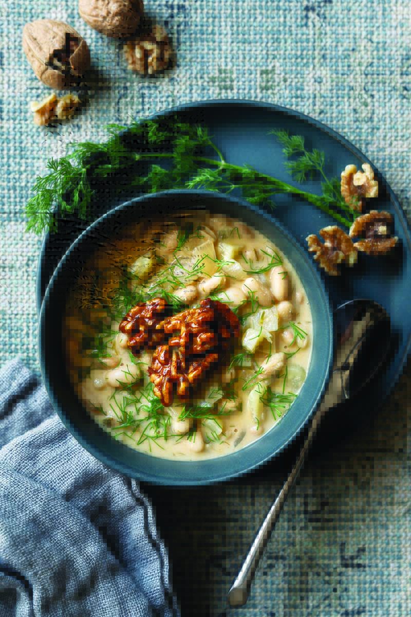 White Bean Dill Soup with Sweet and Smokey Walnuts