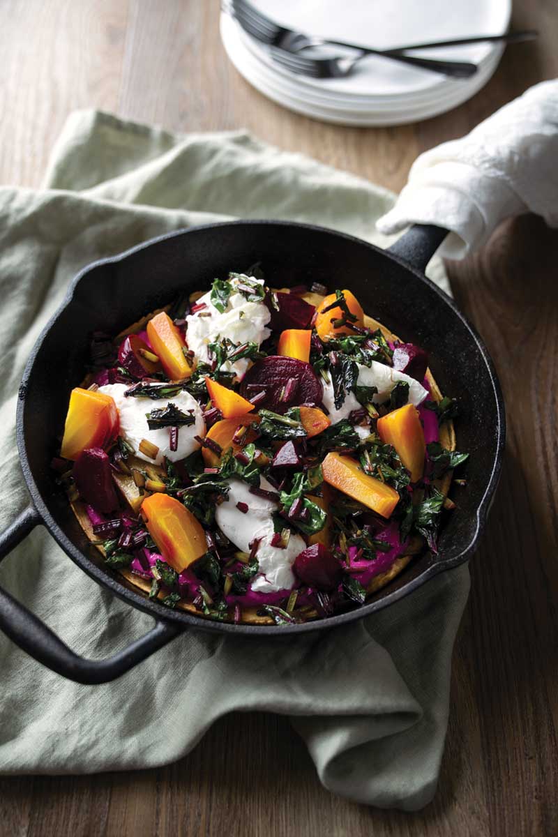 Socca with Beet, Yogurt, Greens, and Egg