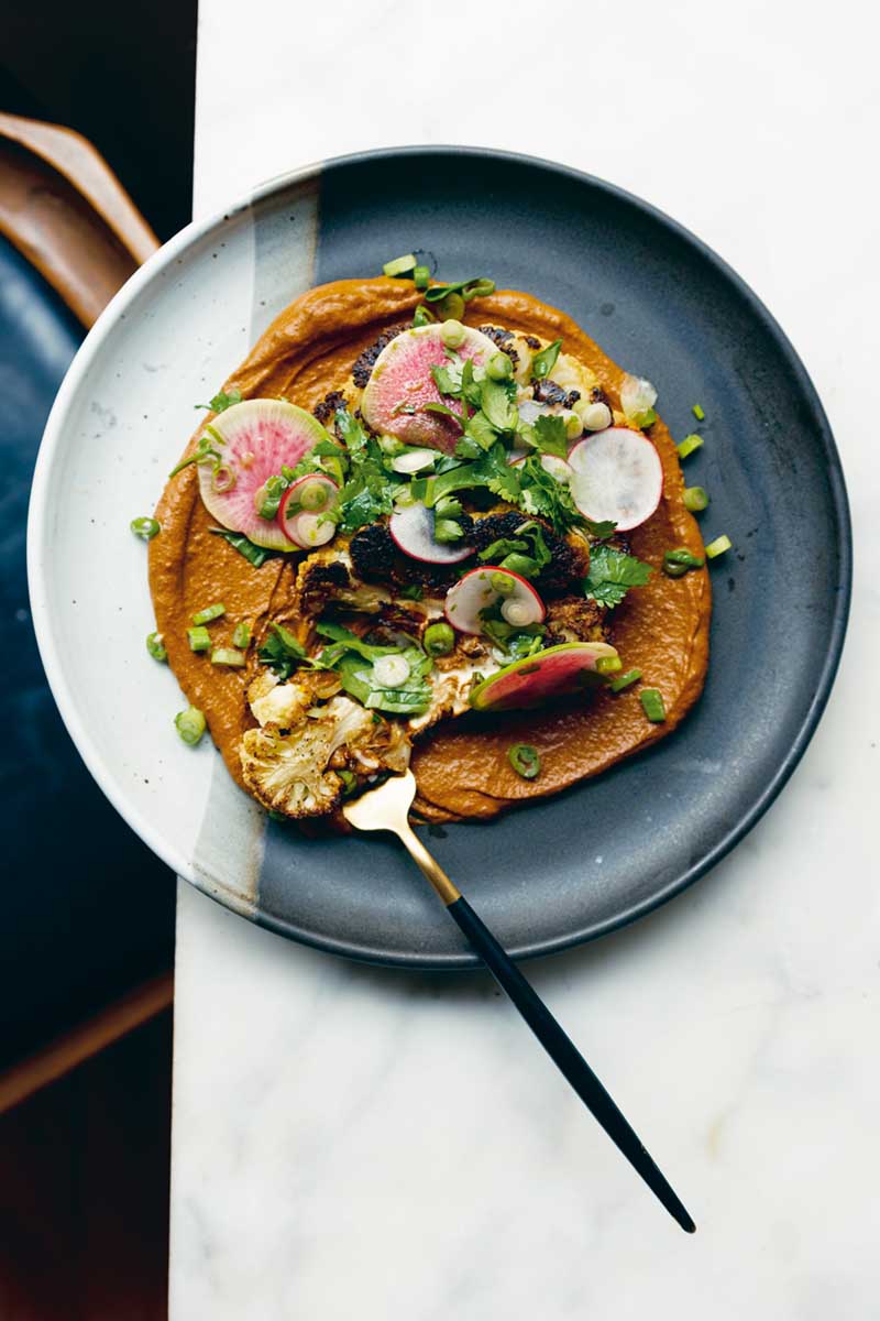 Cauliflower with Mushroom Mole and Cilantro-Radish Salad