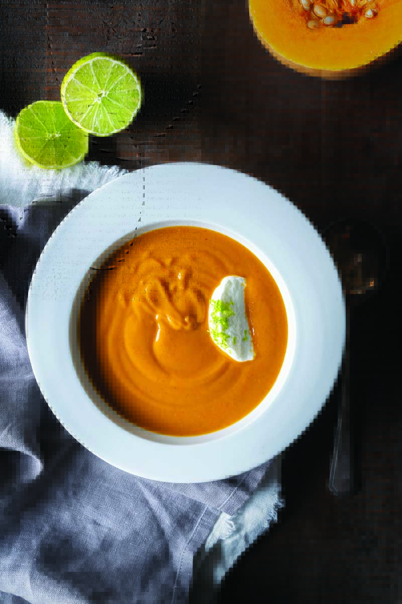 Butternut Squash Soup with Harissa and Lime Yogurt