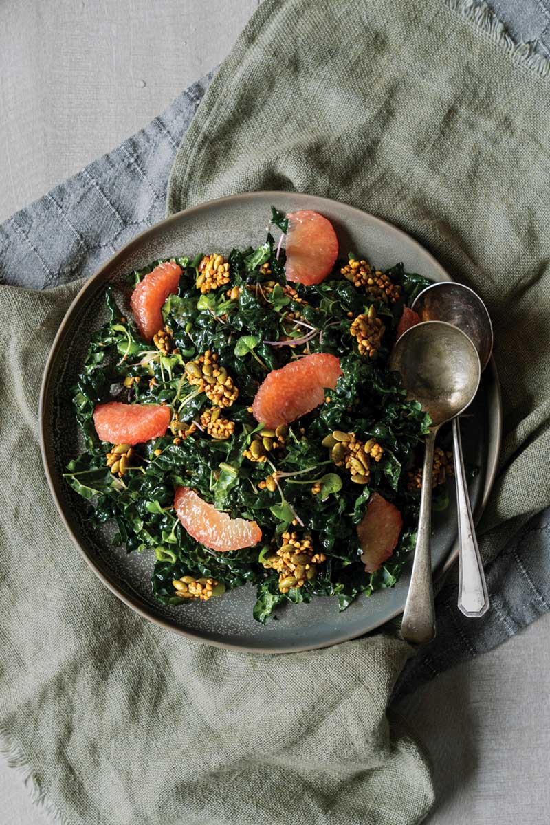 Kale and grapefruit salad with buckwheat and pumpkin seed granola