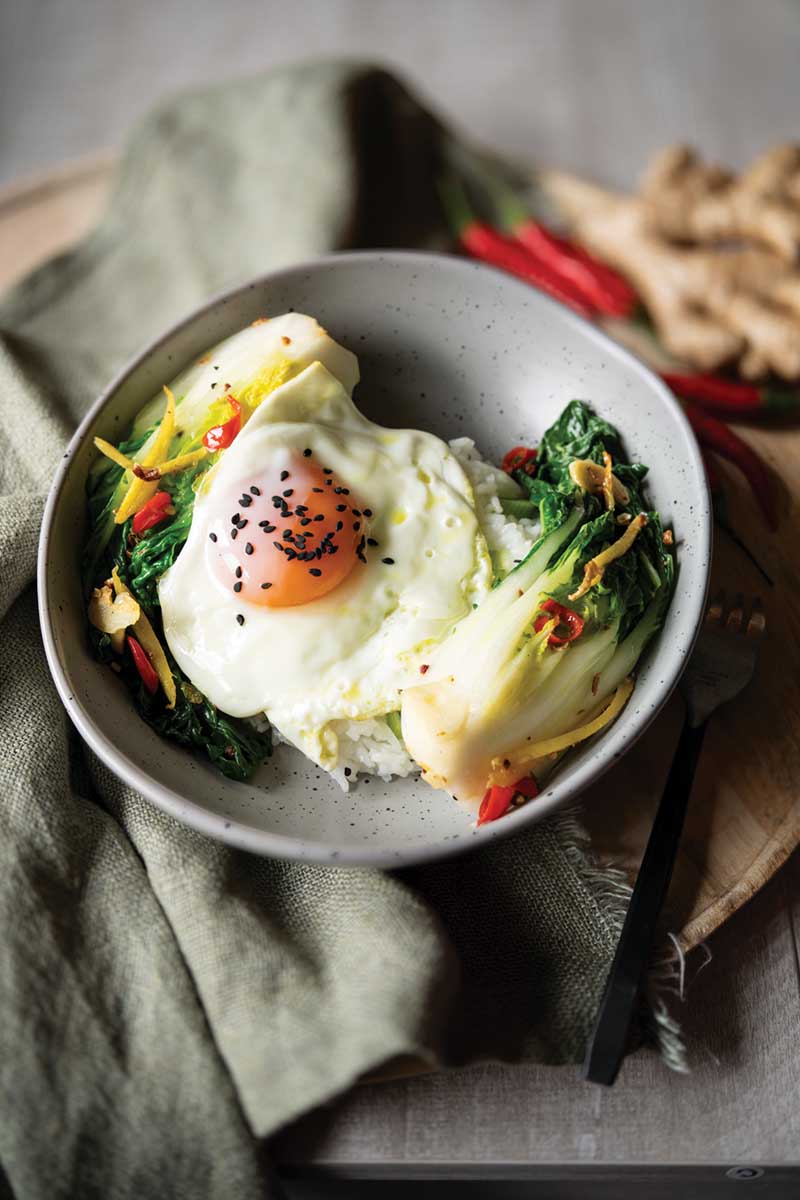 Spicy ginger and garlic braised bok choy with egg and rice