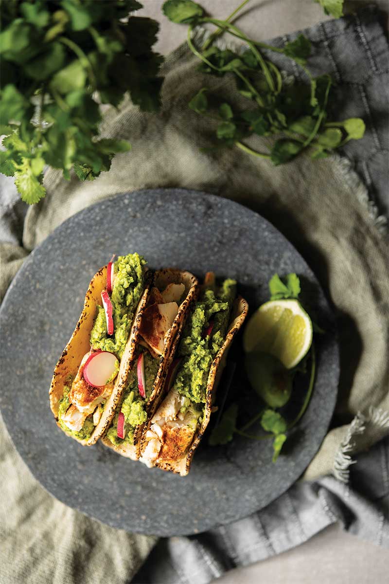 Halibut tacos spicy cilantro pea puree