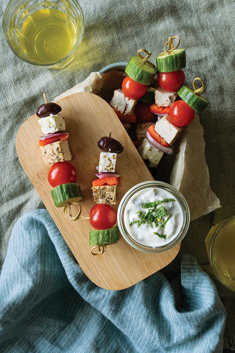 Lemon chicken and greek salad on a stick