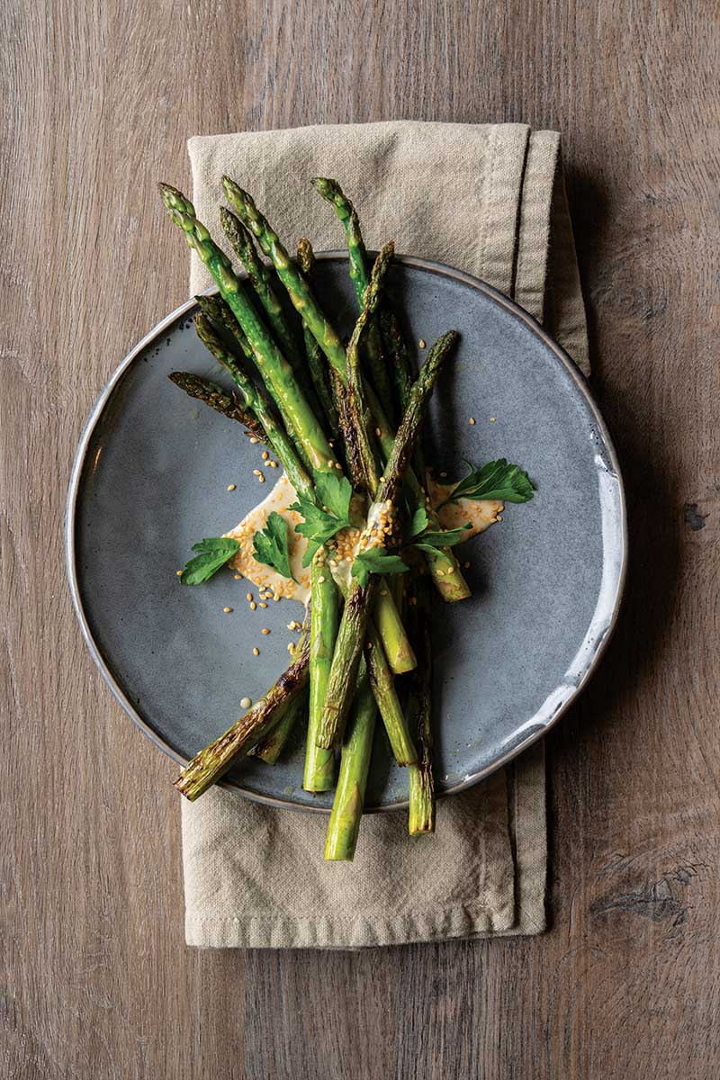 Charred asparagus and garlic tahini salad