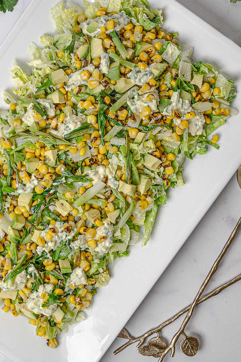 Roasted corn avocado feta salad