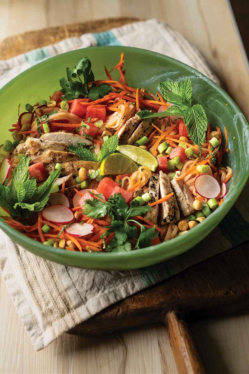 Thai chicken noodle watermelon salad